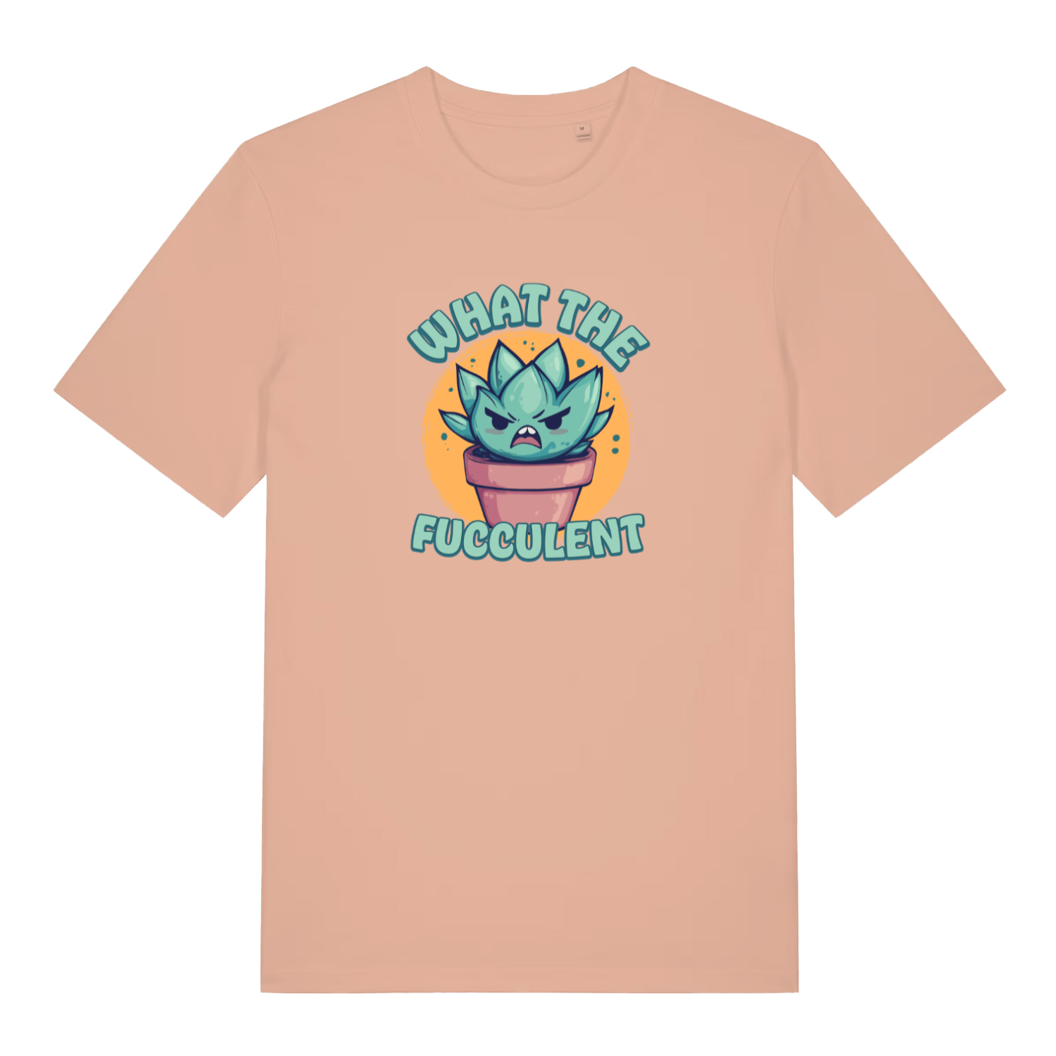 peach kawaii t-shirt with a graphic design of a cactus and the slogan 'what the fucculent'