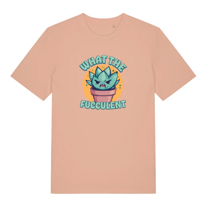 peach kawaii t-shirt with a graphic design of a cactus and the slogan 'what the fucculent'