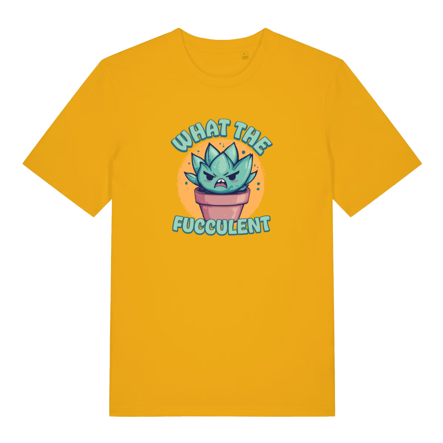 yellow kawaii t-shirt with a graphic design of a cactus and the slogan 'what the fucculent'