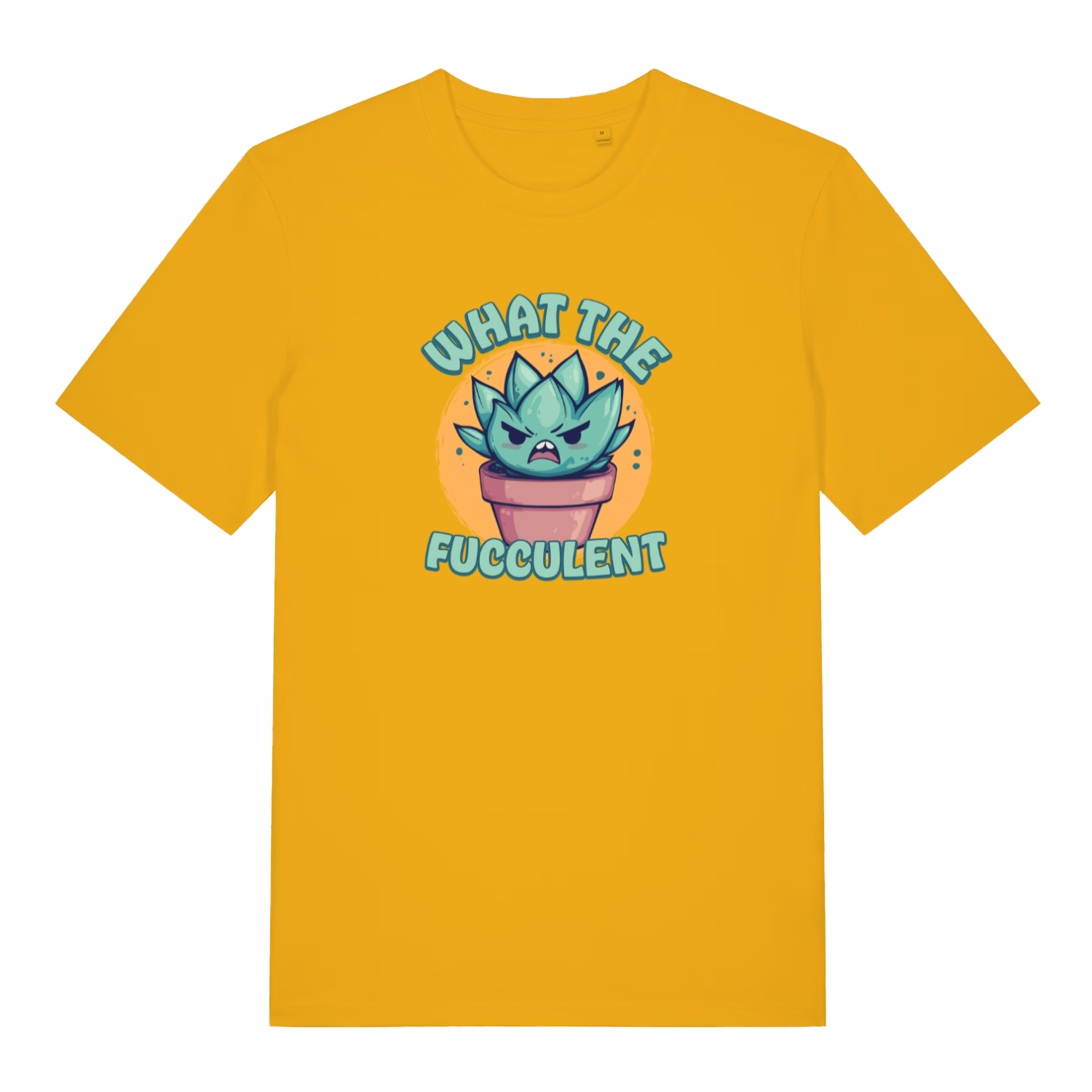 yellow kawaii t-shirt with a graphic design of a cactus and the slogan 'what the fucculent'