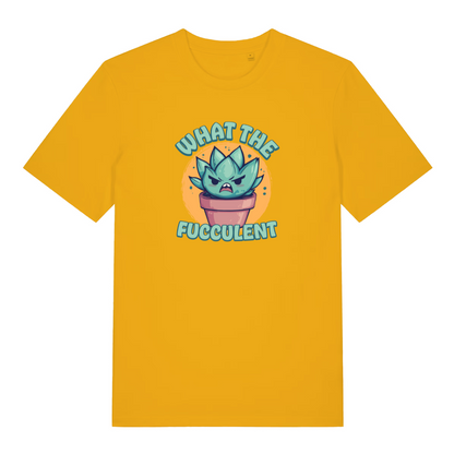 yellow kawaii t-shirt with a graphic design of a cactus and the slogan 'what the fucculent'