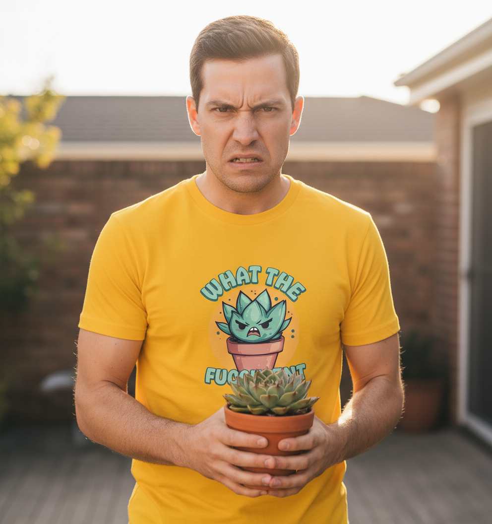 Man wearing a yellow t-shirt with a graphic design holding a potted plant outdoors.