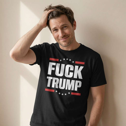 Man posing with hand in hair in black Fuck Trump tee, witty satirical political banter
