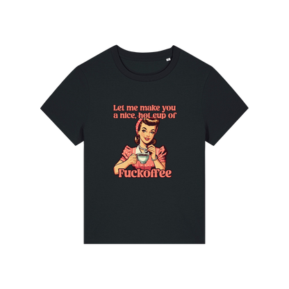 black funny offensive t-shirt with the graphic of a retro housewife and the slogan 'let me make you a nice cup of fuckoffee'