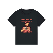 black funny offensive t-shirt with the graphic of a retro housewife and the slogan 'let me make you a nice cup of fuckoffee'
