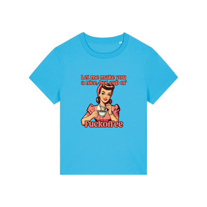 blue funny offensive t-shirt with the graphic of a retro housewife and the slogan 'let me make you a nice cup of fuckoffee'
