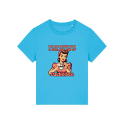 blue funny offensive t-shirt with the graphic of a retro housewife and the slogan 'let me make you a nice cup of fuckoffee'