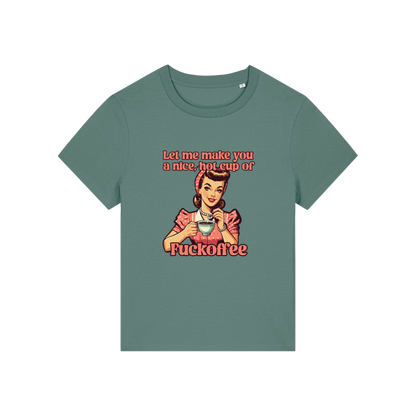 green funny offensive t-shirt with the graphic of a retro housewife and the slogan 'let me make you a nice cup of fuckoffee'