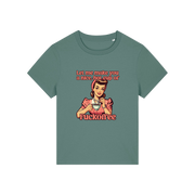 green funny offensive t-shirt with the graphic of a retro housewife and the slogan 'let me make you a nice cup of fuckoffee'