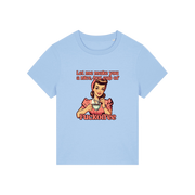 light blue funny offensive t-shirt with the graphic of a retro housewife and the slogan 'let me make you a nice cup of fuckoffee'