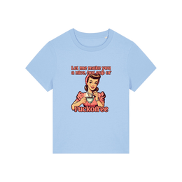 light blue funny offensive t-shirt with the graphic of a retro housewife and the slogan 'let me make you a nice cup of fuckoffee'
