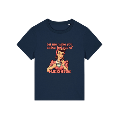 navy funny offensive t-shirt with the graphic of a retro housewife and the slogan 'let me make you a nice cup of fuckoffee'