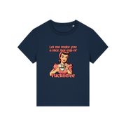 navy funny offensive t-shirt with the graphic of a retro housewife and the slogan 'let me make you a nice cup of fuckoffee'
