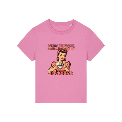 pink funny offensive t-shirt with the graphic of a retro housewife and the slogan 'let me make you a nice cup of fuckoffee'