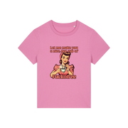 pink funny offensive t-shirt with the graphic of a retro housewife and the slogan 'let me make you a nice cup of fuckoffee'