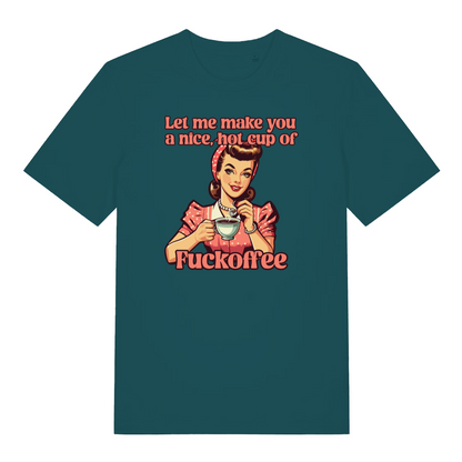 teal women's funny offensive t-shirt with the graphic of a retro housewife and the slogan 'let me make you a nice hot cup of fuckoffee'