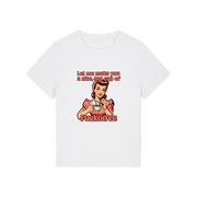 white funny offensive t-shirt with the graphic of a retro housewife and the slogan 'let me make you a nice cup of fuckoffee'