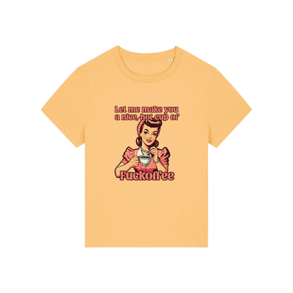 yellow funny offensive t-shirt with the graphic of a retro housewife and the slogan 'let me make you a nice cup of fuckoffee'