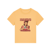 yellow funny offensive t-shirt with the graphic of a retro housewife and the slogan 'let me make you a nice cup of fuckoffee'