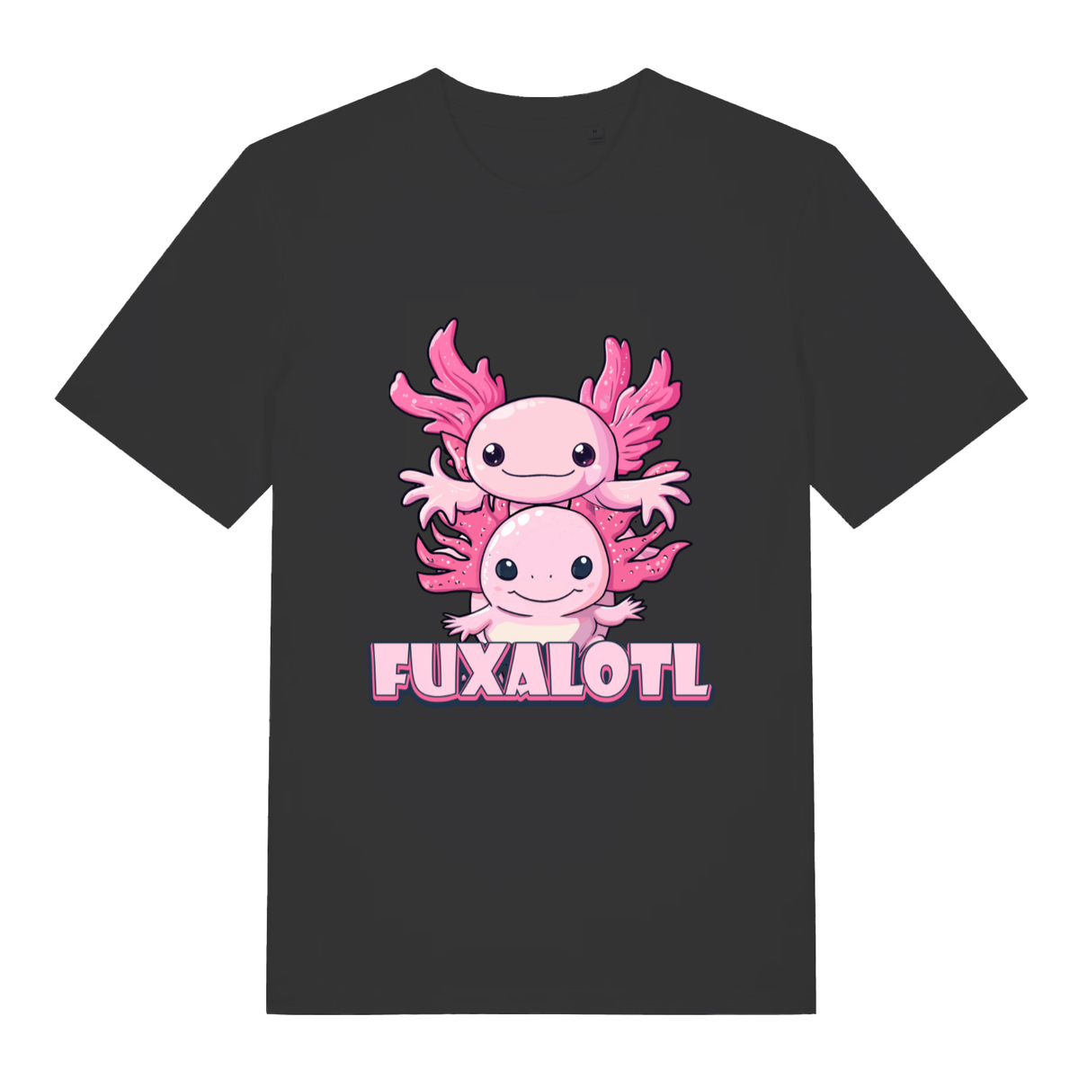 Black Fuxalotl T-shirt flat lay with cute stacked pink axolotls "FUXALOTL" graphic