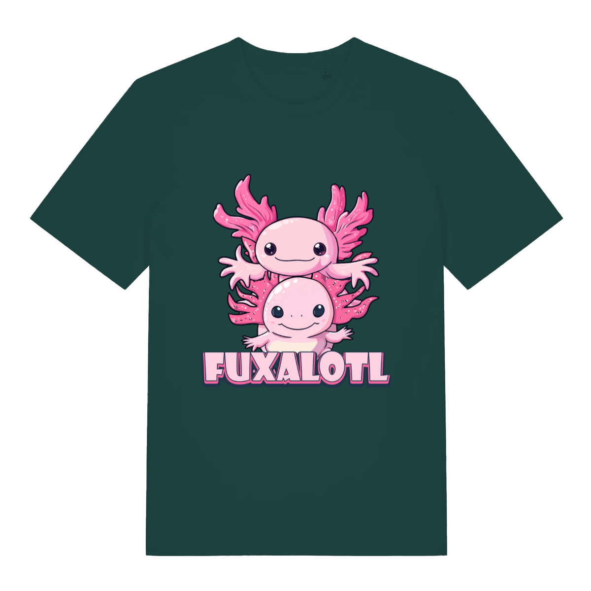 Glazed Green Fuxalotl T-shirt flat lay featuring adorable double axolotl design