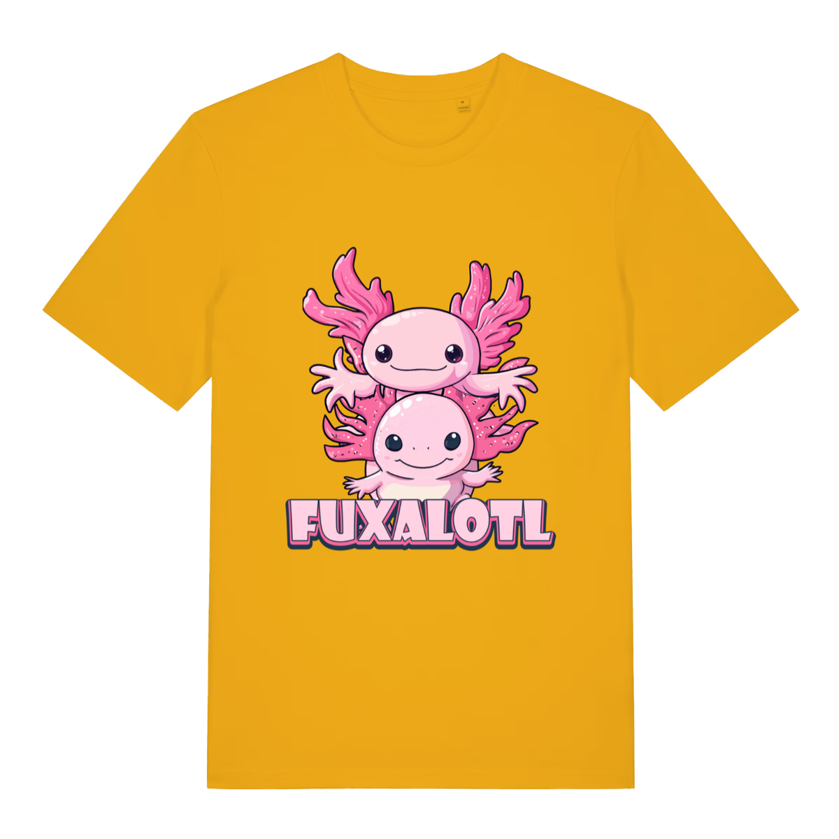 Spectra Yellow Fuxalotl T-shirt flat lay showing funny pink axolotls "FUXALOTL" slogan