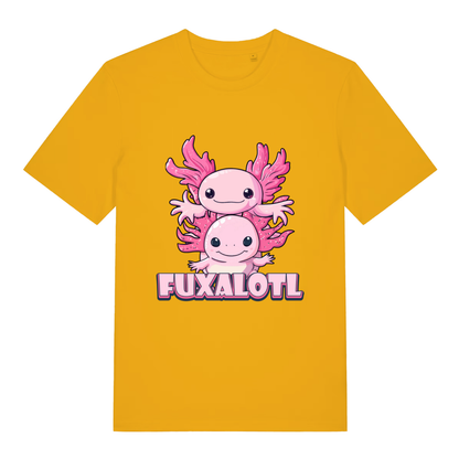 Spectra Yellow Fuxalotl T-shirt flat lay showing funny pink axolotls "FUXALOTL" slogan