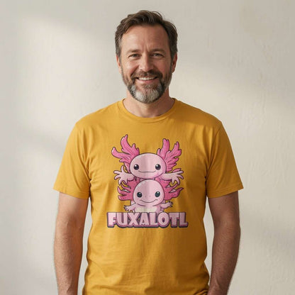Bearded man smiling in spectra yellow Fuxalotl t-shirt, witty mens funny axolotl pun graphic