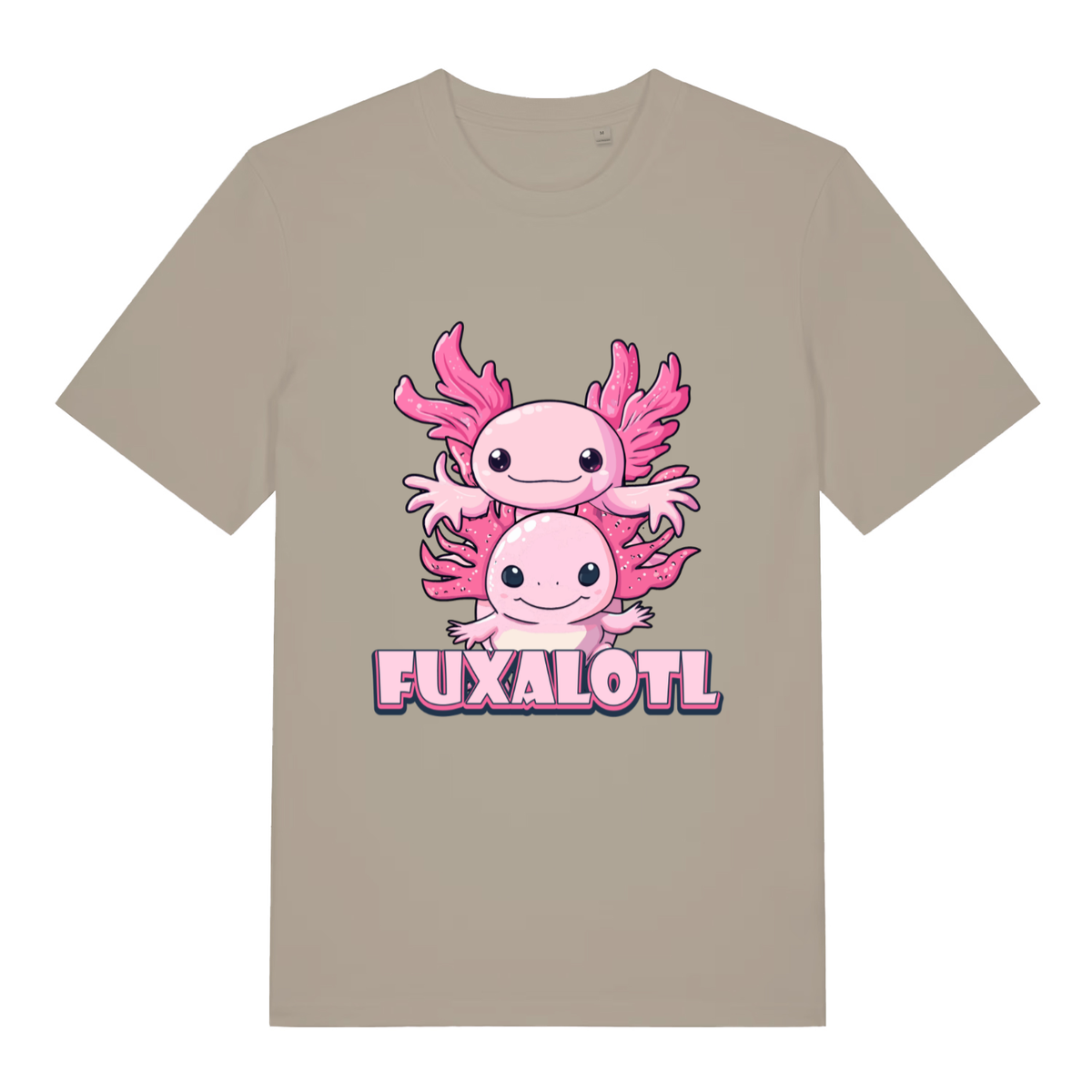 Stone Fuxalotl T-shirt flat lay with stacked cute axolotl illustration
