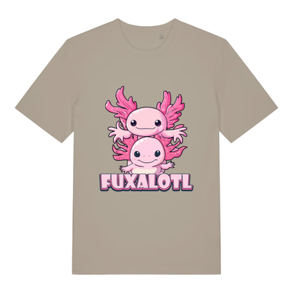 Stone Fuxalotl T-shirt flat lay with stacked cute axolotl illustration