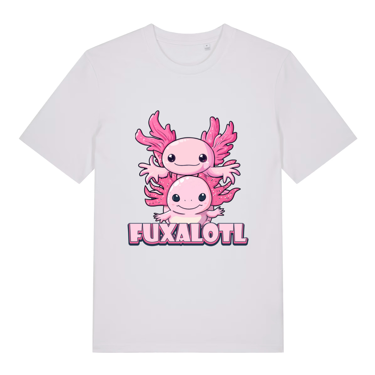 White Fuxalotl T-shirt flat lay displaying kawaii pink axolotls graphic