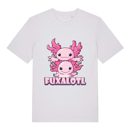 White Fuxalotl T-shirt flat lay displaying kawaii pink axolotls graphic