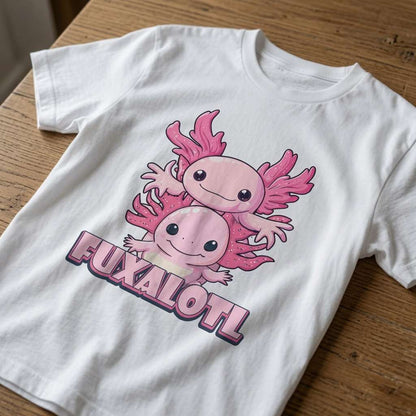 White Fuxalotl t-shirt on wood featuring two pink axolotls, funny mens cheeky axolotl pun