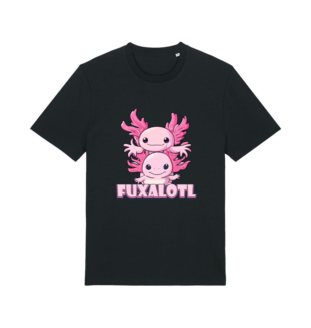 Black kawaii t-shirt with pink axolotl graphic and the slogan 'Fuxaloti' 