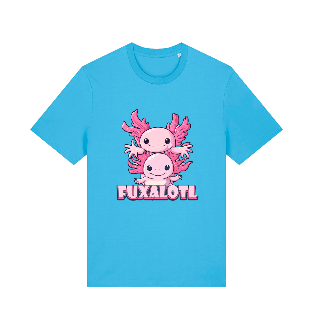 blue kawaii t-shirt with pink axolotl graphic and the slogan 'Fuxaloti' 