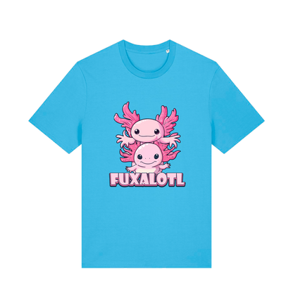 blue kawaii t-shirt with pink axolotl graphic and the slogan 'Fuxaloti' 