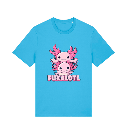 blue kawaii t-shirt with pink axolotl graphic and the slogan 'Fuxaloti' 