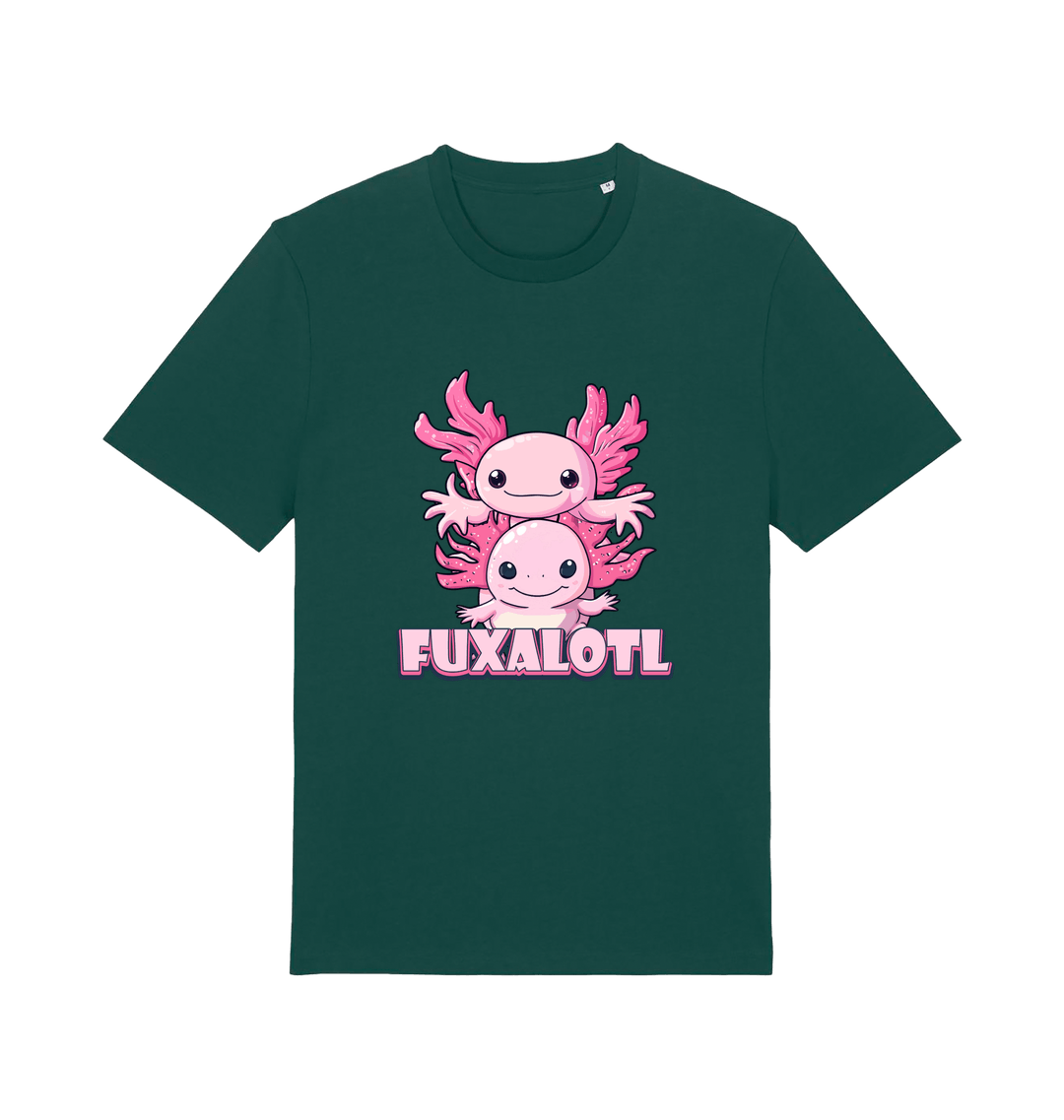 green kawaii t-shirt with pink axolotl graphic and the slogan 'Fuxaloti' 