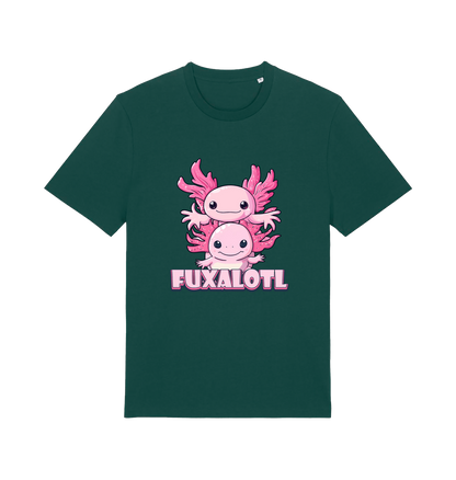 green kawaii t-shirt with pink axolotl graphic and the slogan 'Fuxaloti' 