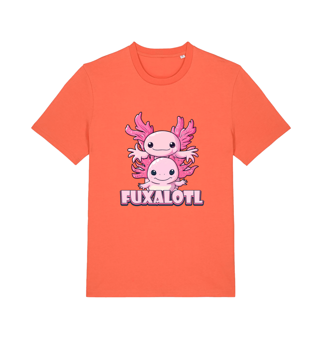 orange kawaii t-shirt with pink axolotl graphic and the slogan 'Fuxaloti' 