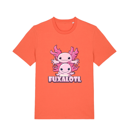 orange kawaii t-shirt with pink axolotl graphic and the slogan 'Fuxaloti' 
