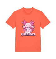 orange kawaii t-shirt with pink axolotl graphic and the slogan 'Fuxaloti' 