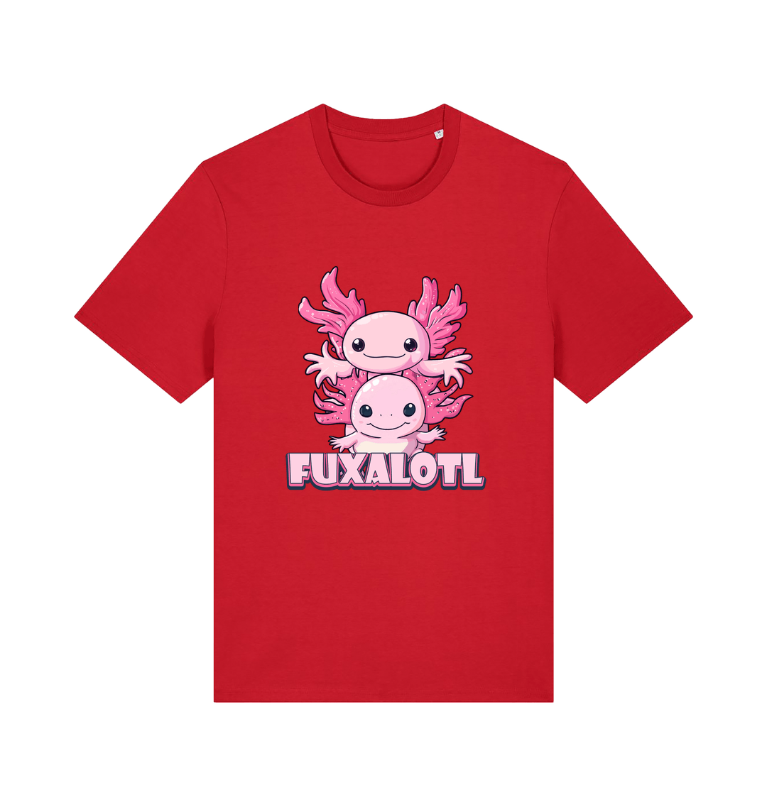 red kawaii t-shirt with pink axolotl graphic and the slogan 'Fuxaloti' 