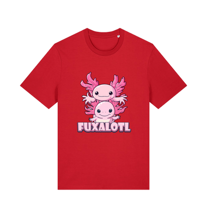red kawaii t-shirt with pink axolotl graphic and the slogan 'Fuxaloti' 