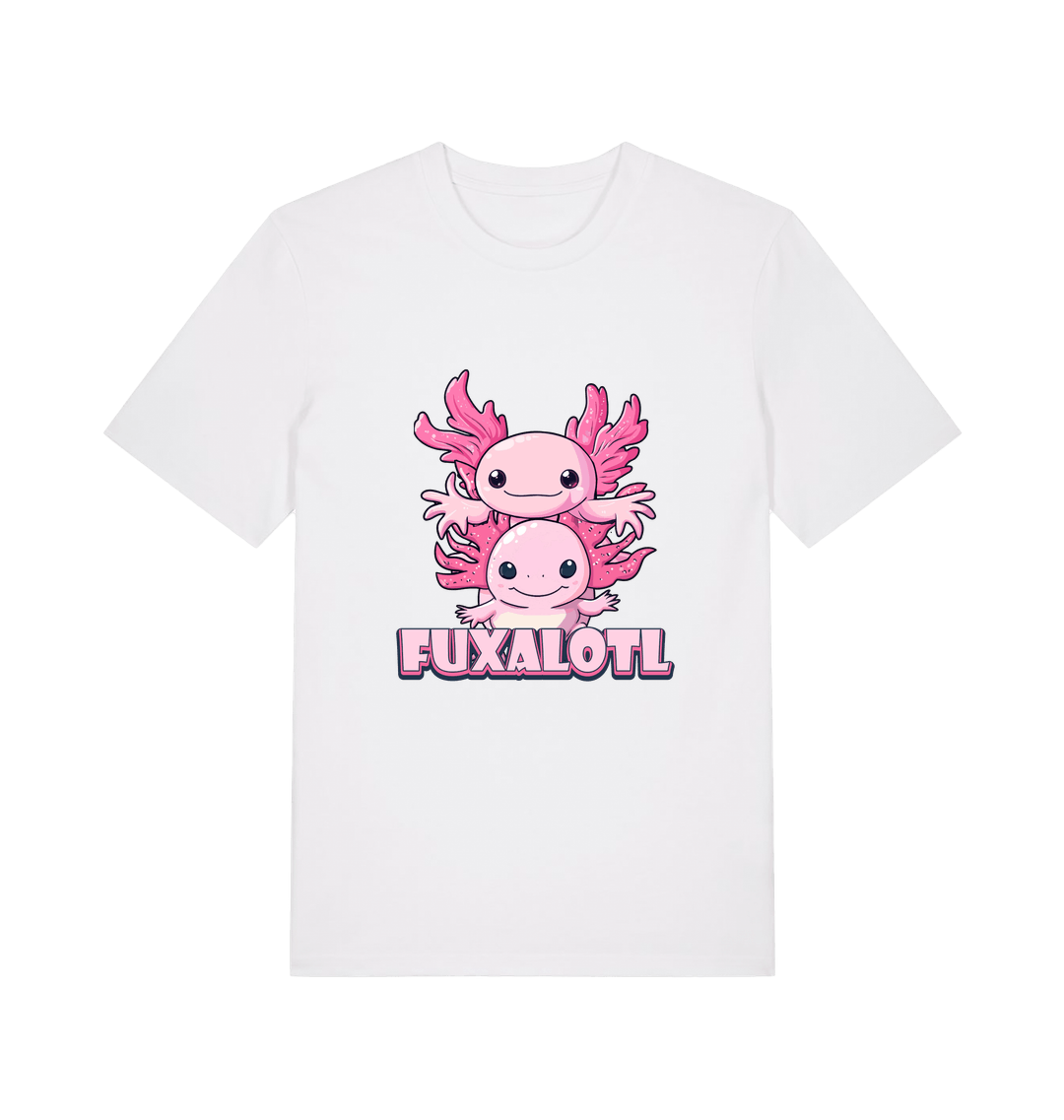 white kawaii t-shirt with pink axolotl graphic and the slogan 'Fuxaloti' 