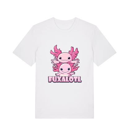 white kawaii t-shirt with pink axolotl graphic and the slogan 'Fuxaloti' 