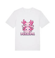 white kawaii t-shirt with pink axolotl graphic and the slogan 'Fuxaloti' 