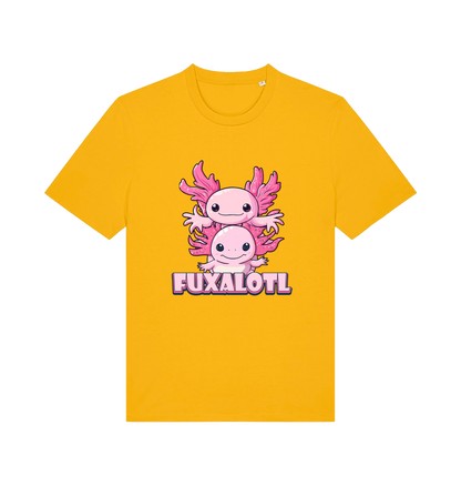 yellow kawaii t-shirt with pink axolotl graphic and the slogan 'Fuxaloti' 