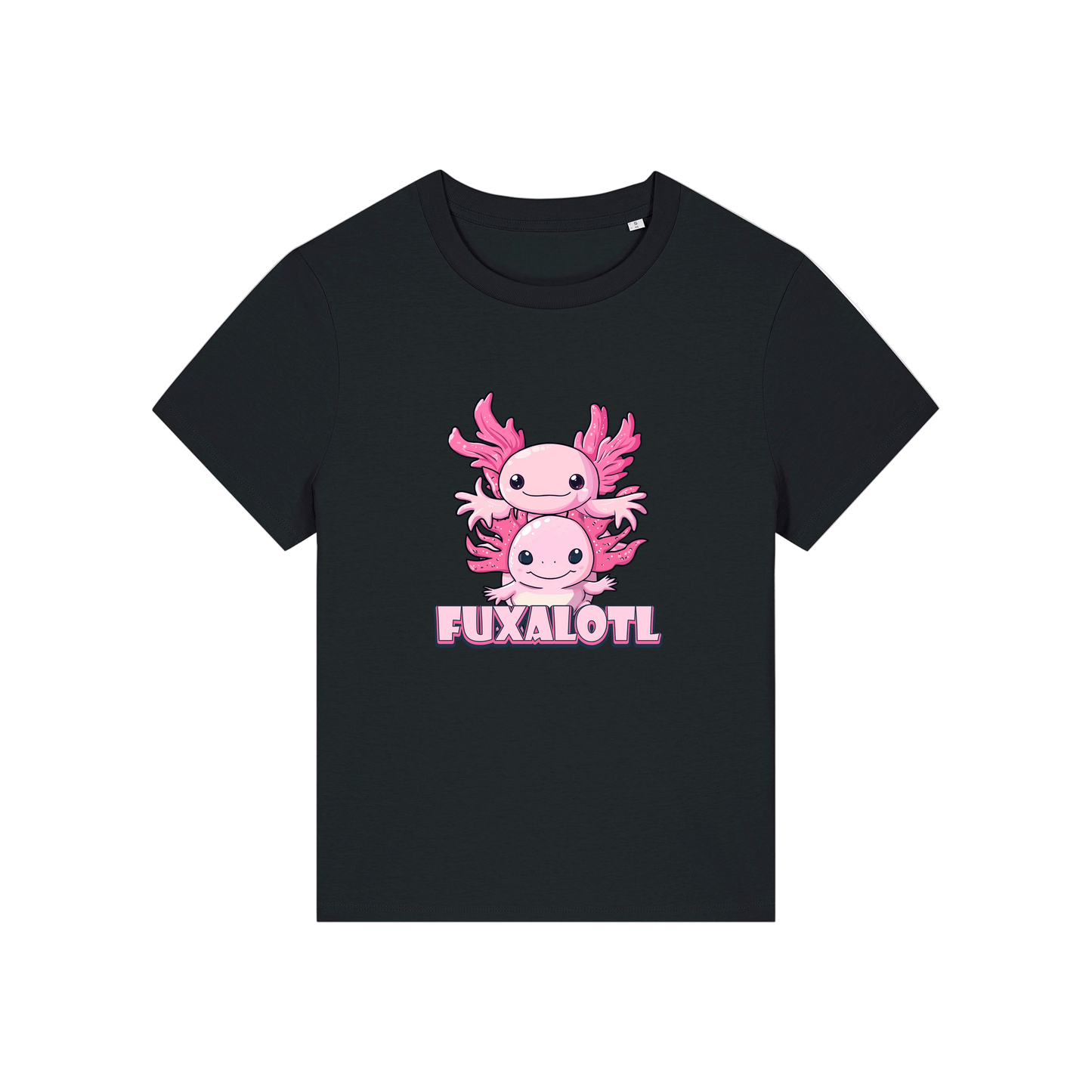 Black  kawaii t-shirt with pink axolotl design and 'Fuxalotl' text 