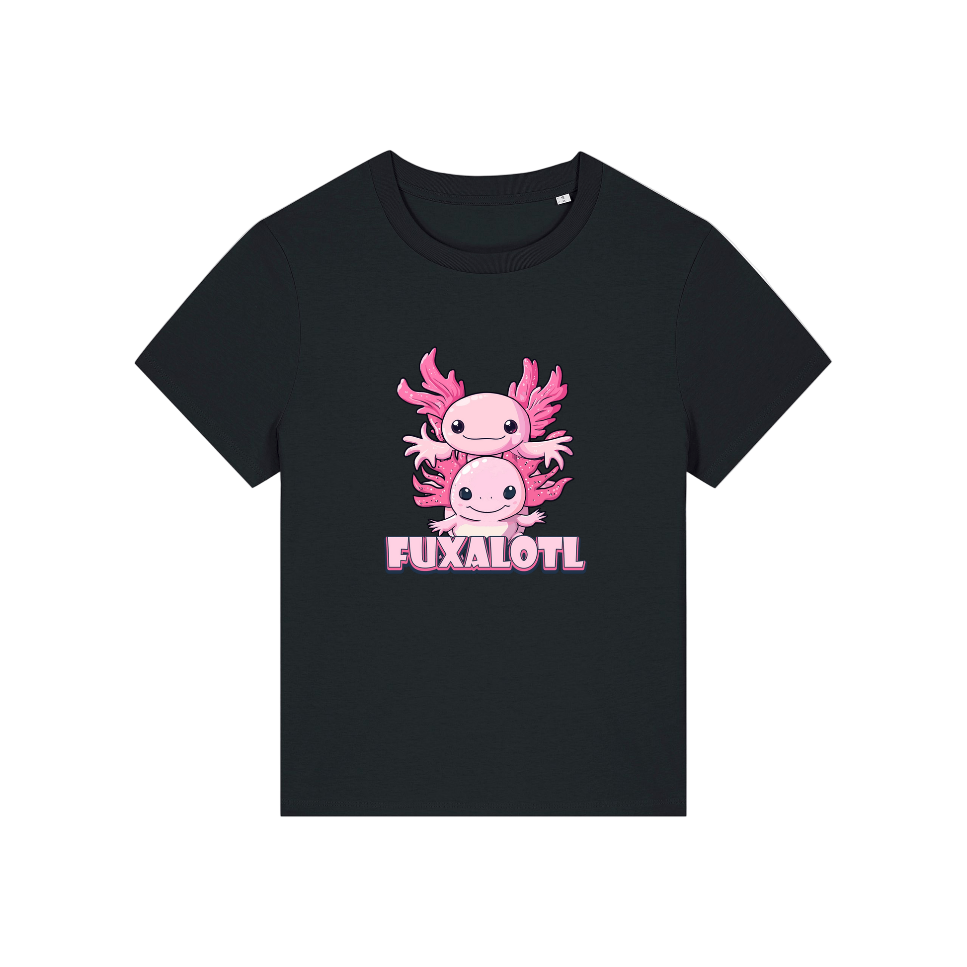 Black  kawaii t-shirt with pink axolotl design and 'Fuxalotl' text 